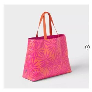 Open Story Water Resistant‎ Reversible Tote Bag Pink/Coral Palm Leaves 19x7x14.5
